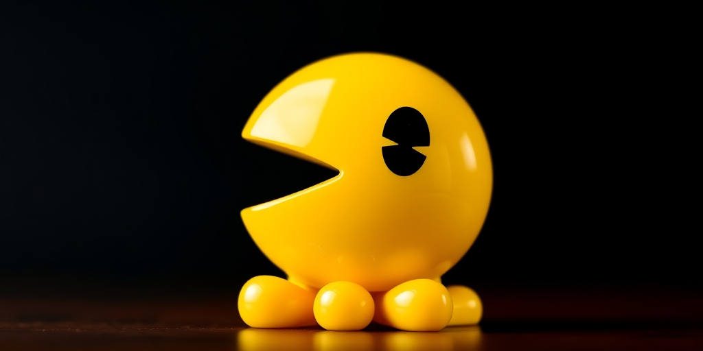 Create a vibrant, high-resolution image of a classic yellow Pac-Man icon with a glossy finish and three small dots in front, using a Canon EOS 5D Mark IV camera, 50mm lens, f/2.8 aperture, ISO 100, natural lighting for enhanced clarity and color depth.