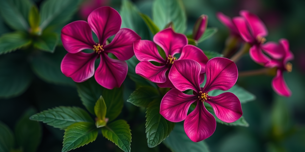 photograph of dark-themed pink flowers with lush green leaves, shallow depth of field, aperture f/2.8, ISO 100, 50mm lens, natural light, macro photography style, DSLR camera