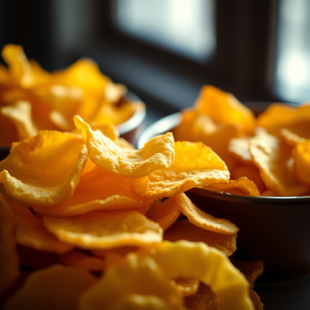 close-up of a pile of golden potato chips with a blurred background of another bowl of chips, soft natural lighting, f/2.8 aperture, 50mm lens, ISO 100, DSLR camera, shallow depth of field, dramatic shadows