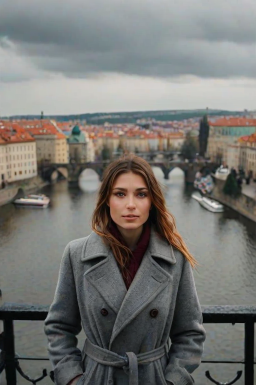 cinematic pphoto from above, waist up shot, sharp focus, a beautiful woman in foreground, in Prague, at the Charles Bridge, river in background, overcast rainy day, wearing long grey wool coat, warm rich color palette