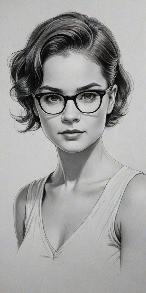 Delightful Brianna Hildebrand, pencil sketch, portrait of Enchanting woman 1925s in glasses, hair style beatnik, outline, clear lines, fine lines, 8k