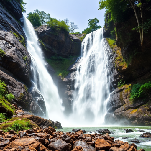 Generate an image of a majestic waterfall cascading down a rocky cliff surrounded by lush greenery, using a DSLR camera with a 24mm lens, f/11 aperture, ISO 100, a shutter speed of 1/4 second for smooth water flow, shot from a low angle viewpoint to emphasize the height and grandeur of the waterfall on a clear day.