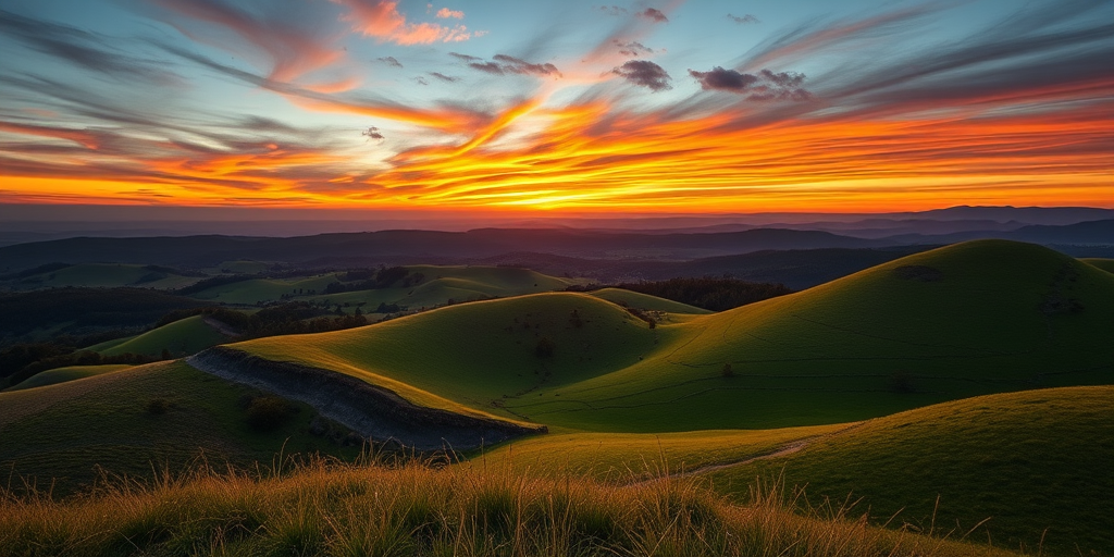 Generate a high-resolution image of a serene landscape featuring rolling hills and a vibrant sunset, shot with a Canon EOS R5, 35mm lens, f/8 aperture, ISO 100, using a wide-angle view and a vibrant color profile.