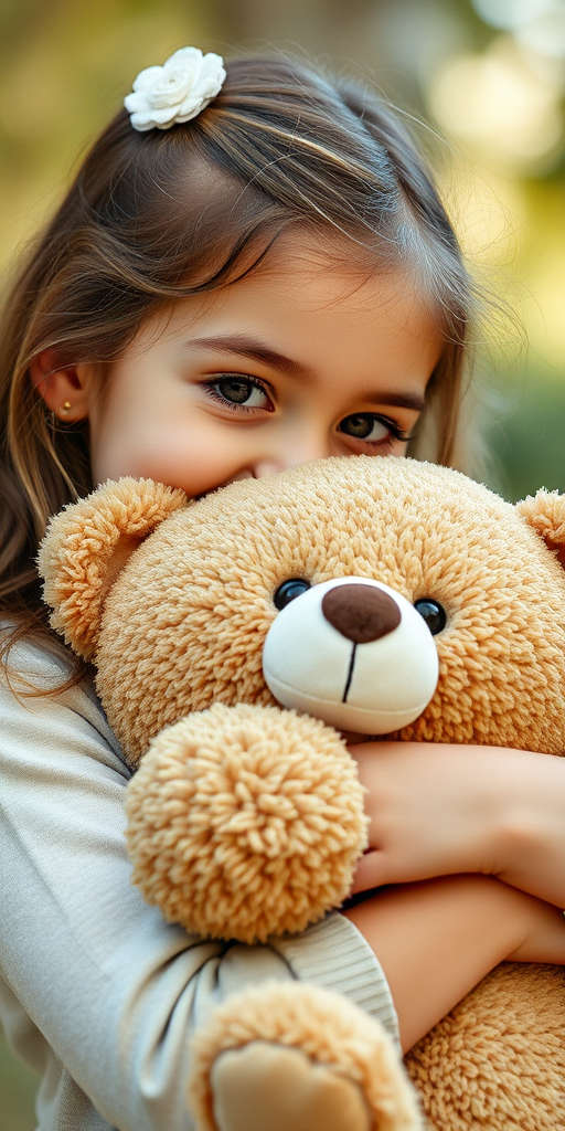 capture a portrait of a young girl hugging a teddy bear, soft natural light, bokeh background, aperture f/1.8, shutter speed 1/200s, ISO 100, portrait lens on DSLR