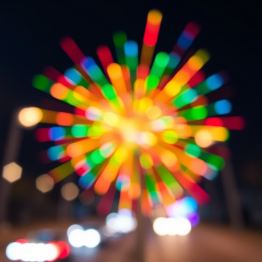 create an abstract burst of colorful lights with a bokeh effect, f/2.8 aperture, ISO 100, 50mm lens, shot from a low angle, using a DSLR camera, vibrant hues of red, green, blue, and yellow against a blurred background, high contrast and vivid saturation