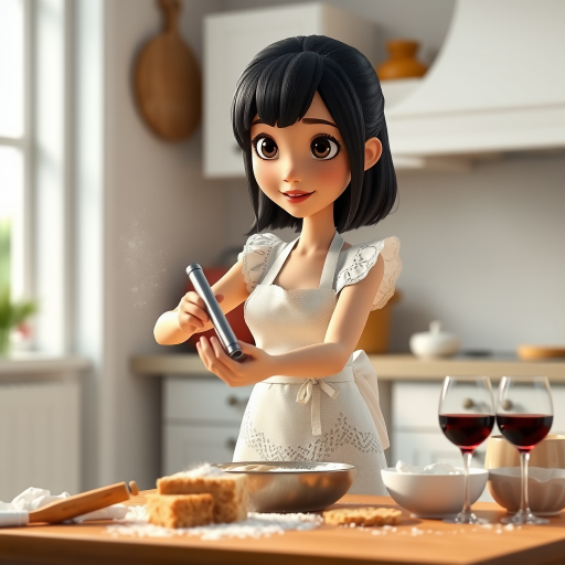 A Pixar-style CGI girl with black hair and black eyes wearing a white apron with lace stands in a kitchen and kneads cake batter. There is flour dust in the air, a glass of wine on the table and the cake ingredients are scattered around. 3D
