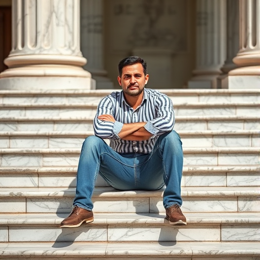 A man sitting on marble steps with arms crossed, wearing a striped shirt and jeans, natural sunlight illuminating the scene, aperture f/2.8, shutter speed 1/200s, ISO 100, 50mm lens, shallow depth of field, candid street photography style.
