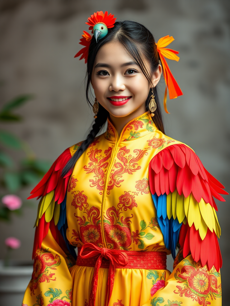A beautiful Taiwanese girl, wearing colorful bird clothing with vibrant colors