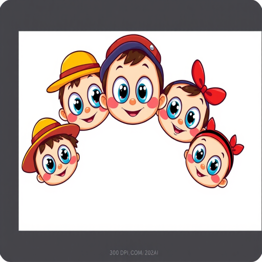 Create a colorful illustration of five cute cartoon characters with large eyes, each wearing different hats such as a straw hat, a bowler hat, a red cap, and a headband with a bow, in a bright and cheerful style, using a digital drawing tablet, with a resolution of 300 DPI, vibrant colors, and a clean, flat design.