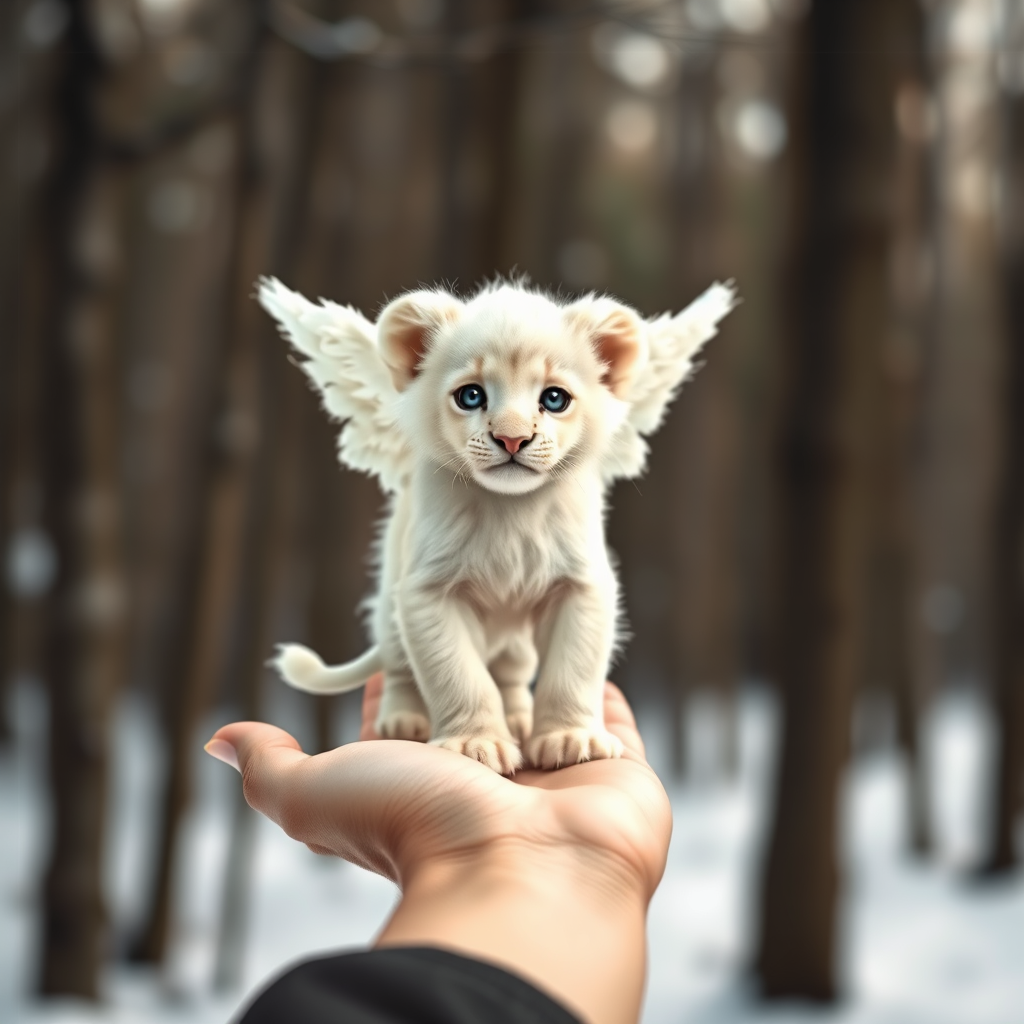 A small, white lion cub with angelic wings standing on a human hand. The cub has a soft, fluffy texture with detailed fur, expressive blue eyes, and a curious expression. The wings are large and feathery, blending seamlessly with its fur, giving an ethereal appearance. The background is a winter forest, with the ground covered in snow and blurred brown trees, creating a serene atmosphere. The human hand in the foreground is positioned palm-up, supporting the lion cub gently, fingers slightly curled. The lighting is soft and diffused, enhancing the tender and magical feel of the scene. Colors are predominantly neutral with white, cream, and soft browns, contrasting with the subtle blue of the lion cub's eyes. The overall composition is balanced, with the cub at the center, creating a focal point that draws the viewer's attention immediately.