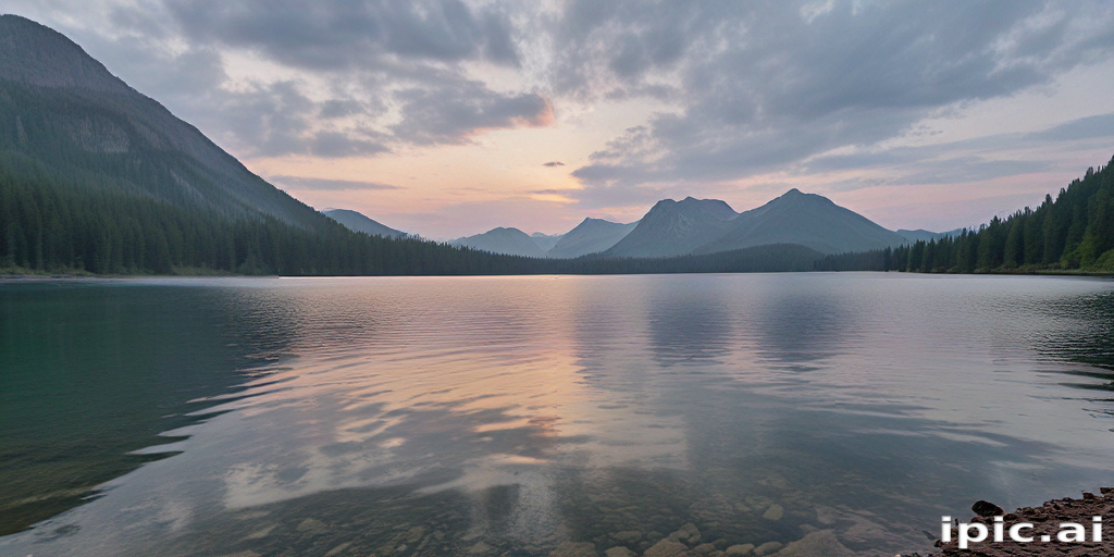 Tranquil Sunrise Over Serene Lake Surrounded by Majestic Mountains and ...