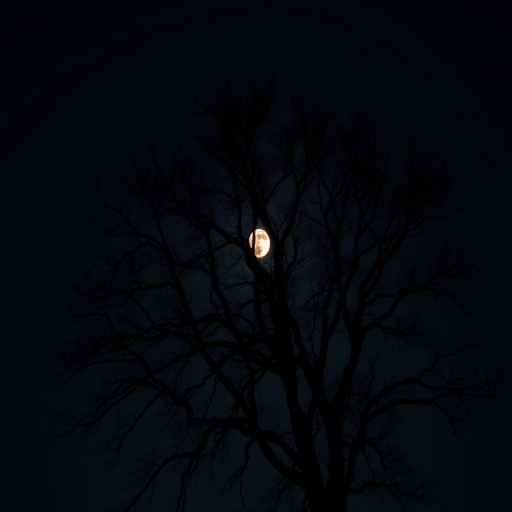 A silhouetted tree against a full moon night sky, with soft focus on moon details, ISO 200, f/8 aperture, 30 seconds exposure, wide-angle lens, shot from a low angle to emphasize tree height and moon prominence.