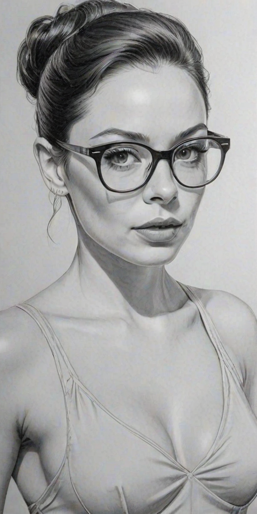 Resplendent Rose McGowan, pencil sketch, portrait of Graceful woman 1951s in glasses, hair style beatnik, outline, clear lines, fine lines, 8k