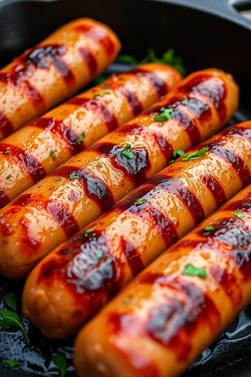 Close-up shot of grilled sausages on a cast iron skillet with fresh herbs, low angle view, f/2.8 aperture, 1/250 sec shutter speed, ISO 100, natural lighting for enhanced color vibrancy and texture.