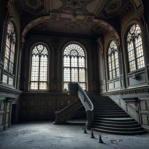 Generate a high-resolution image of a dilapidated interior with ornate architecture, featuring a grand staircase and large, stained glass windows, captured with a DSLR camera at f/2.8 aperture, ISO 100, shutter speed 1/60s, with a wide-angle lens and soft, diffused lighting for a moody atmosphere.