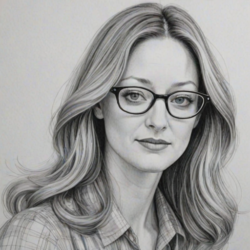 Exquisite Judy Greer, pencil sketch, portrait of Bewitching woman 1967s in glasses, hair style beatnik, outline, clear lines, fine lines, 8k