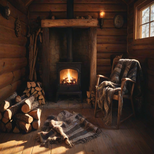Warmly lit photo of a cozy fireplace in a rustic cabin, with soft light from the flames casting long shadows, and a stack of firewood and a woolen blanket draped over a nearby chair.