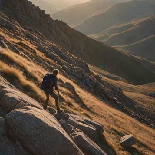 Blurry action shot of a hiker ascending a rocky trail at dusk, soft golden light casting long shadows over the landscape, with distant mountains and valleys barely visible in the fading light.