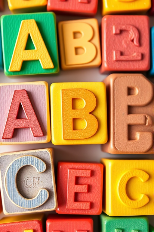 Create an image of colorful alphabet blocks arranged in a playful manner with the letters A, B, and C visible, using a DSLR camera with a 50mm lens, aperture f/2.8, ISO 100, and a shallow depth of field, shot from a top-down angle to enhance detail and clarity.