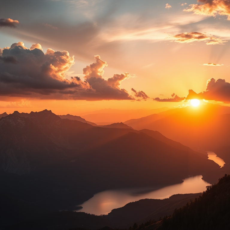 A breathtaking view of mountains at sunset with dramatic cloud formations and sun rays illuminating a serene lake, captured with a Canon EOS 5D Mark IV, 24mm lens, aperture f/8, ISO 100, and a panoramic shot to enhance depth and detail.