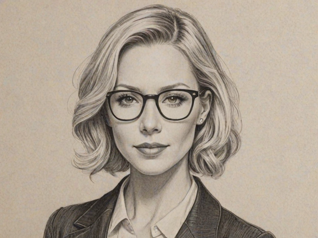 Charming Desi Lydic, pencil sketch, portrait of Superb woman 1928s in glasses, hair style beatnik, outline, clear lines, fine lines, 8k
