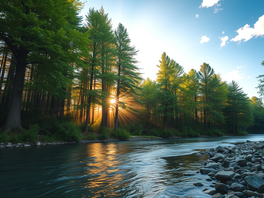 Create an image of a serene, sunlit forest scene with a clear, gently flowing river. Tall trees with lush green foliage line both sides of the river, their leaves bathed in the warm golden light of the setting or rising sun. The sunlight filters through the trees, casting soft, dappled light on the river, which flows over smooth rocks and pebbles, creating a peaceful, natural atmosphere. The sky is bright with a few scattered clouds, and the overall mood is tranquil, evoking a deep sense of connection with nature. The image captures the beauty of a calm, pristine forest landscape at either dawn or dusk.