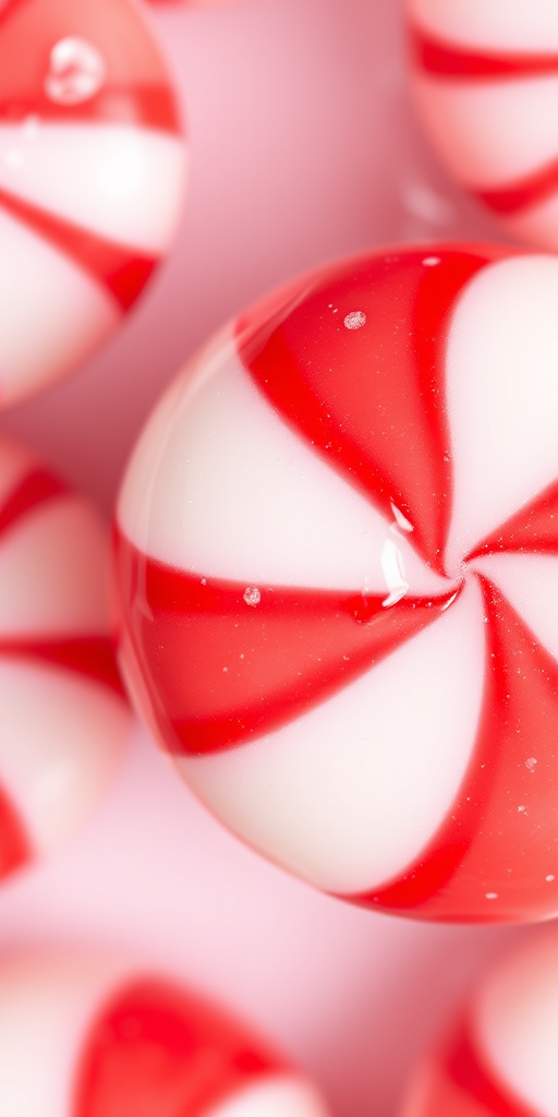 Create a high-resolution image of a red and white peppermint candy with a glossy finish, taken from a top-down view using a DSLR camera with a 50mm lens, aperture set to f/2.8, ISO 100, and a shallow depth of field for enhanced detail.