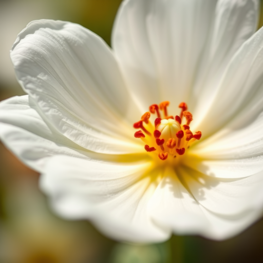 capture a close-up of a white flower with a yellow and red center, use a shallow depth of field, aperture f/2.8, ISO 100, shutter speed 1/200s, natural sunlight, DSLR camera, macro lens, focus on details and textures