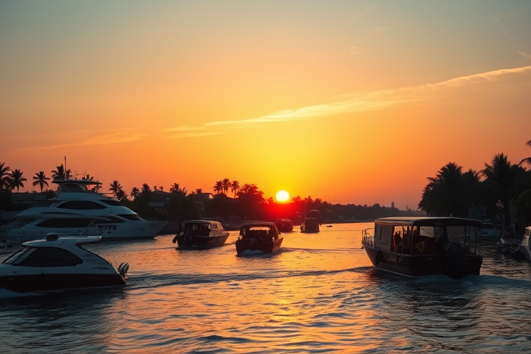 sunset over a river with boats, warm colors, soft reflections, palm trees in the background, DSLR camera, aperture f/8, shutter speed 1/250 sec, ISO 100, wide-angle view, soft focus effect, slight vignette