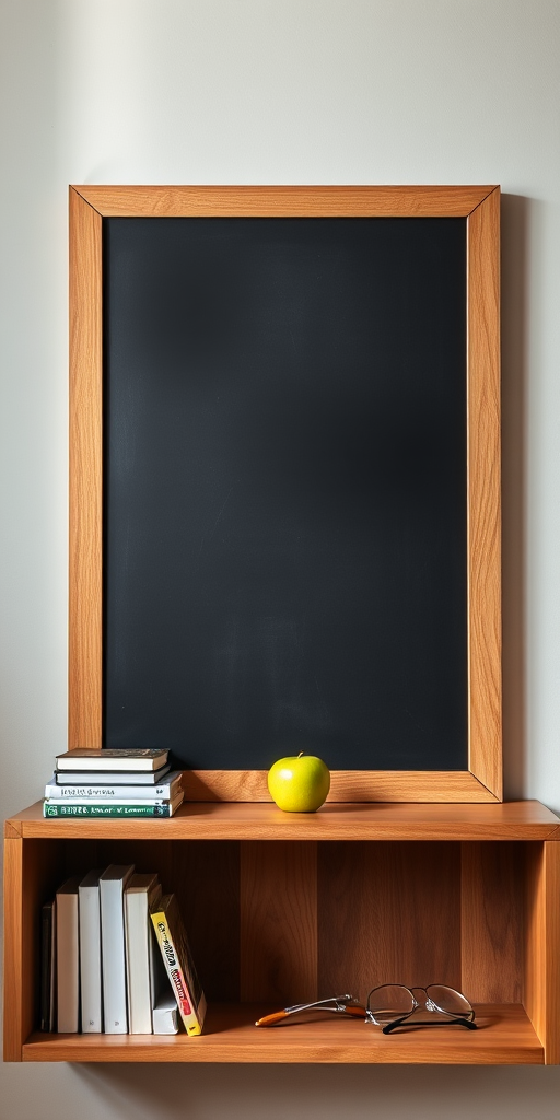Create a high-resolution image of a black chalkboard in a wooden frame, with a tidy shelf below holding stacked books, a green apple, and glasses, soft natural lighting with a shallow depth of field, captured with a DSLR camera at f/2.8, 50mm lens, ISO 100, 1/200s shutter speed.