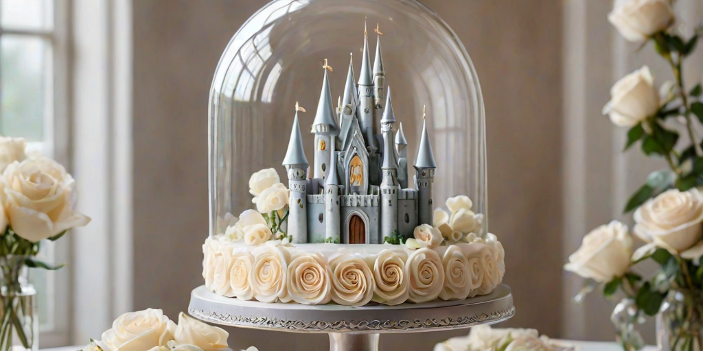 Create a whimsical cake design featuring a fairy tale castle surrounded by delicate white roses and ethereal flowers. The castle should be intricately detailed and encased in a glass dome, with a dreamy, cloud-like background. Emphasize elegance and fantasy in the overall composition.