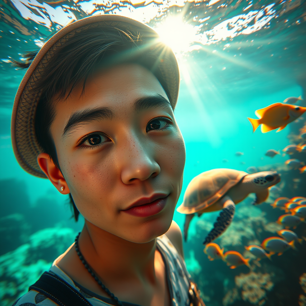 Realistic selfie image of a Singaporean, wearing a vintage outfit, detailed dreamy eyes, droopy hooded eyes, staring at the camera, taken underwater at coral reef with a sunbeam filtering through the water, vibrant, summer vacation, natural lighting, turtle and school of tropical fish with vibrant colors, rendered in the style of CryEngine, Pegi Nicol MacLeod, with realistic genre scenes, hauntingly beautiful narratives, ultra-realism, and Thomas Saliot's close-up technique, 8K resolution, crystal clear and sparkling water.