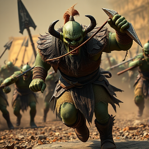 Create a highly detailed fantasy scene of a fierce orc warrior charging into battle with an army of orcs in the background, using a DSLR camera with a 50mm lens, aperture f/2.8, ISO 100, low angle perspective, and dramatic lighting to enhance the intensity of the scene.
