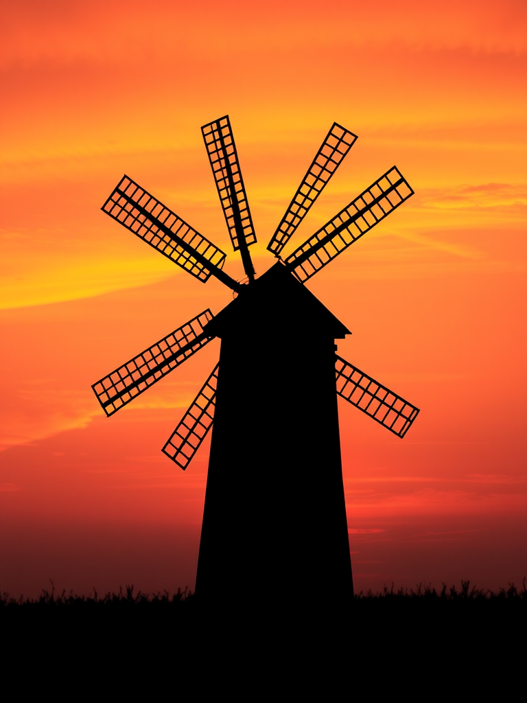 create a silhouette of a windmill against a sunset sky with vibrant oranges and reds, use a DSLR camera with a 50mm lens, aperture f/8, ISO 100, and a wide-angle view to enhance depth and clarity