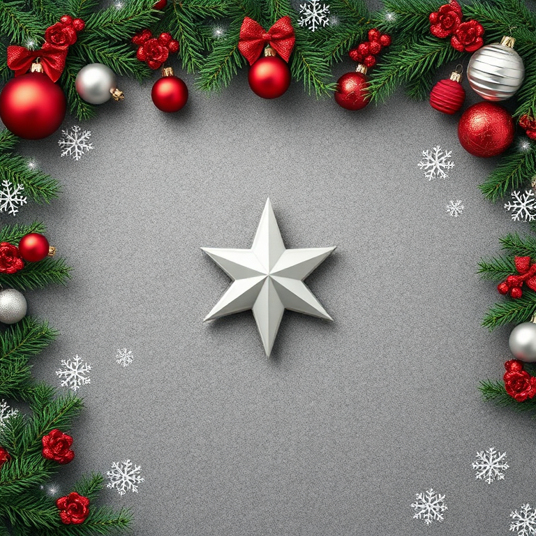 Create an image of a festive Christmas scene featuring a border of evergreen branches adorned with red and silver ornaments, along with white snowflakes. In the center, place a large silver star on a textured gray background.