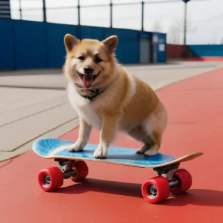dog on a red skateboard