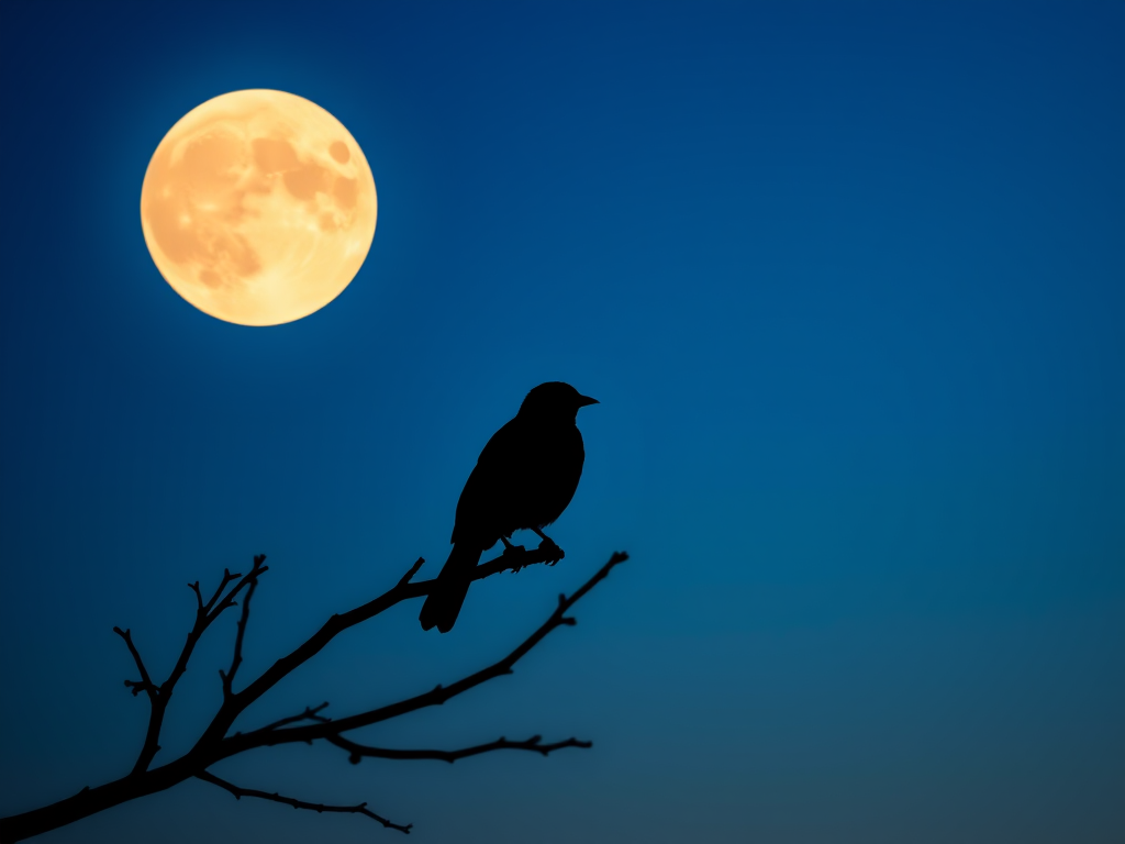 Create a silhouette of two birds perched on a branch against a large, glowing full moon, nighttime setting with a gradient blue background and subtle stars in the sky, captured with a DSLR camera, aperture f/2.8, ISO 100, 50mm lens, portrait orientation for a soft bokeh effect.
