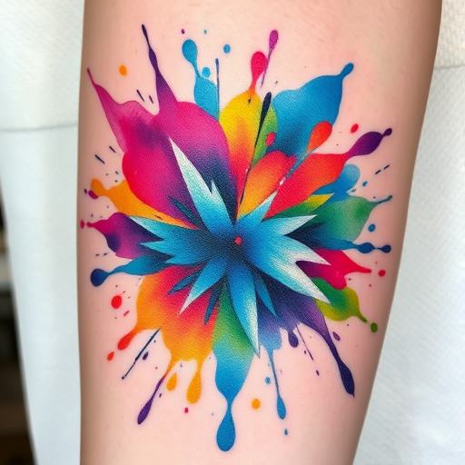 Watercolor splash tattoo called "Chromatic Explosion" featuring bursts of vibrant pigments blending and overlapping to form an abstract representation of emotions and energy