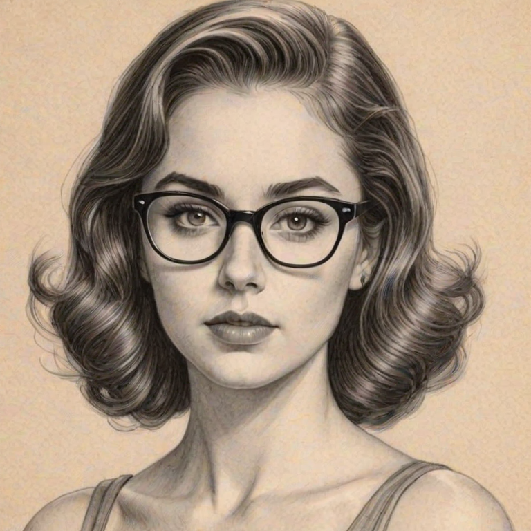 Exquisite Brittany Curran, pencil sketch, portrait of Gorgeous woman 1952s in glasses, hair style beatnik, outline, clear lines, fine lines, 8k