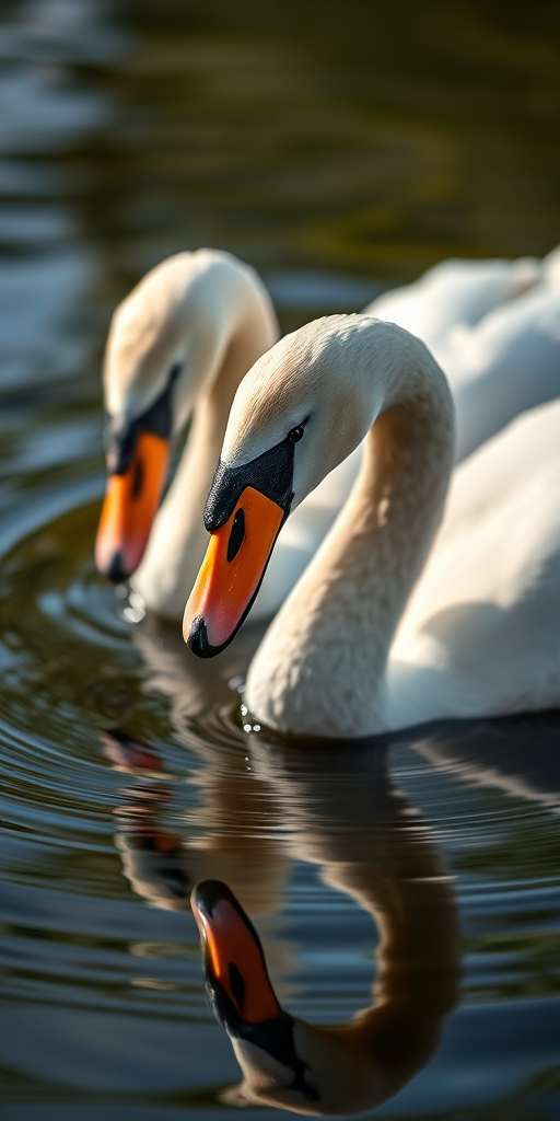 Capture a close-up shot of two swans in a serene water setting, using a Canon EOS R5 camera with a 100mm f/2.8 lens, aperture set to f/4, ISO 200, with a shallow depth of field and soft natural lighting for enhanced clarity and detail.