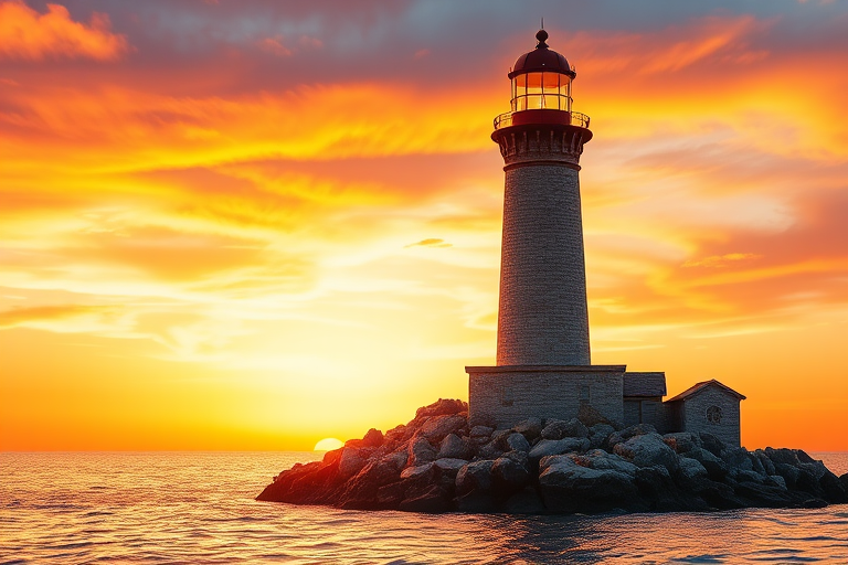 Generate an image of a tall lighthouse perched on a rocky outcrop surrounded by calm ocean waters during a breathtaking sunset. The lighthouse stands sturdy and weathered, its stone surface illuminated by the warm golden light of the setting sun. The sun's rays pass directly through the glass lantern room at the top of the lighthouse, casting a brilliant light across the scene. The sky is painted with vibrant shades of orange, pink, and purple, reflecting off the tranquil sea. The surrounding water shimmers with the same warm hues, creating a serene and majestic atmosphere.