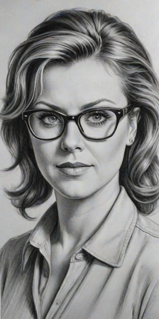 Appealing Amanda Tapping, pencil sketch, portrait of Pleasing woman 1939s in glasses, hair style beatnik, outline, clear lines, fine lines, 8k