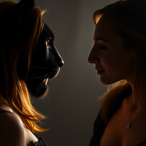 portrait of a woman and a black panther facing each other in low light, shallow depth of field, f/1.8, ISO 200, 85mm lens, soft lighting, studio setup, high-resolution DSLR camera