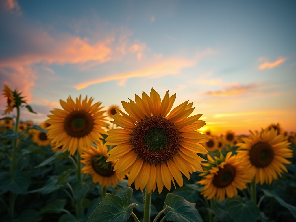 sunflower field at sunset with vibrant colors and clear sky, f/8 aperture, ISO 200, 1/100 sec shutter speed, wide-angle lens, DSLR camera, natural lighting, high dynamic range.