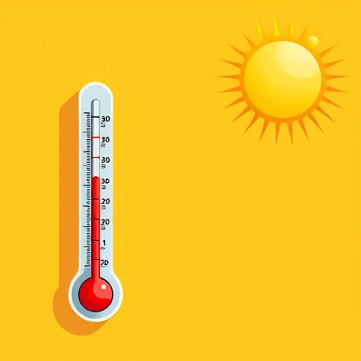 Create a vibrant illustration of a thermometer on the left, against a warm yellow background with a bright sun emitting rays in the upper right corner, using a Canon EOS R5 with a 50mm lens at f/1.8, ISO 100, and shutter speed of 1/250s for clarity and depth.