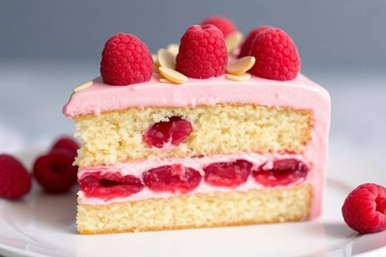 A slice of layered cake with raspberry filling and frosting topped with raspberries and almond slices, showcasing a moist texture and vibrant colors.