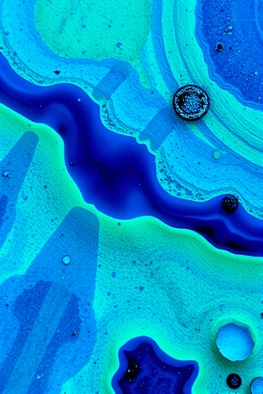 Create an abstract image featuring bold blue and green textures, captured with a DSLR camera at ISO 100, aperture f/8, and a shutter speed of 1/60s, using a macro lens to enhance detail and clarity.