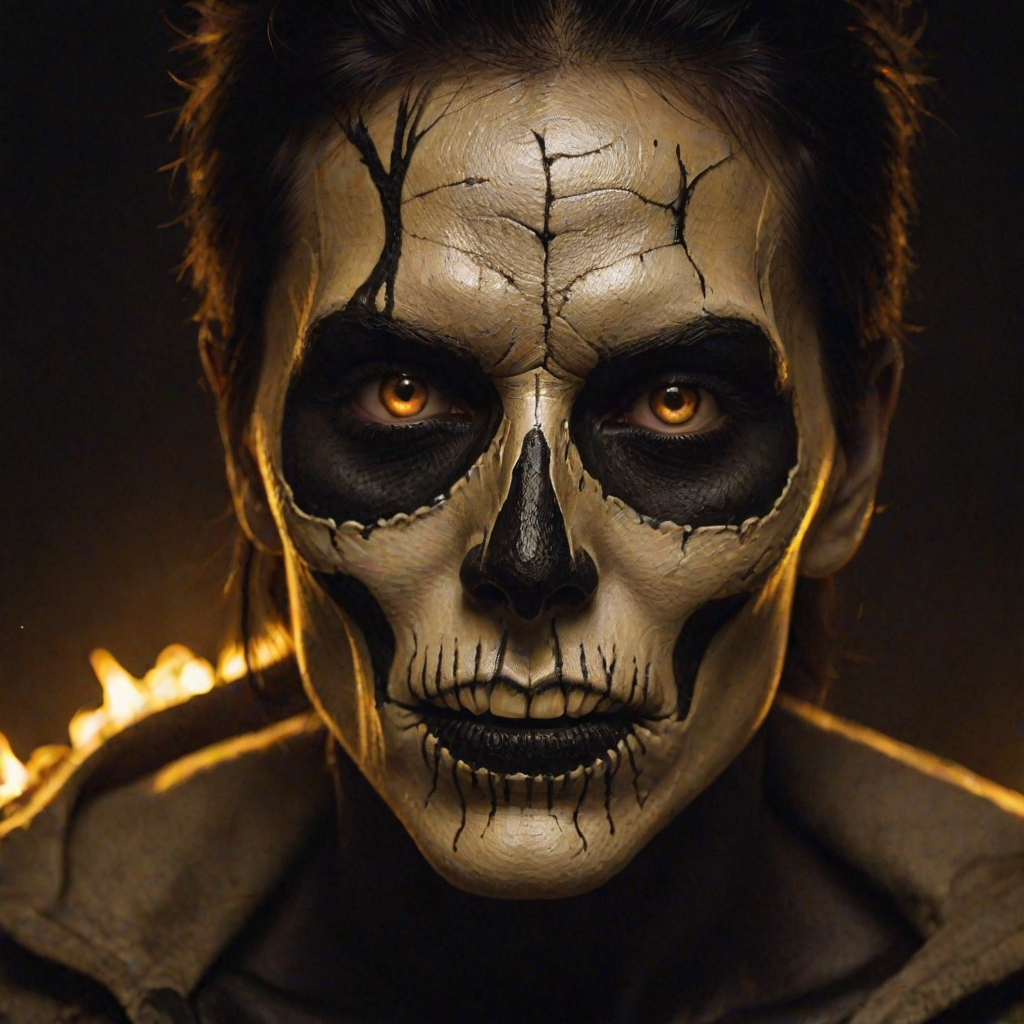 Create image featuring a close-up of a face painted like a skull. The skin is predominantly white with textured, cracked paint. The eye sockets are painted black, blending into the natural shadows of the eyes, creating a deep, hollow look. Bright, intense golden-yellow lights radiate from the eyes, casting a warm glow that contrasts with the cold, esoteric background. The nose is painted black in the shape of a spade. The mouth area features black lines extending from the corners, resembling a stitched effect. The face has sporadic black hair strands that frame it dramatically, adding to the eerie yet captivating feel. The background is blurred and dark, enhancing the focus on the face. Small, glowing orange embers are scattered sporadically across the image, contributing to the mysterious and magical atmosphere. The overall style is hyper-realistic with an emphasis on the contrast between light and dark elements, giving it an almost supernatural