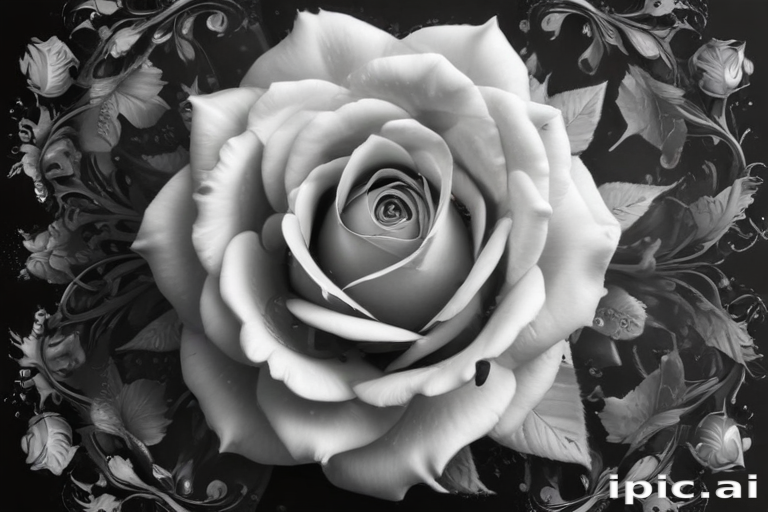 Elegant Black and White Rose Surrounded by Intricate Floral Patterns