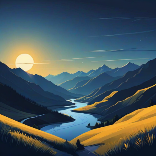 generate a minimalist vector landscape featuring mountains, rolling hills, and a river under a twilight sky with a color palette of deep blues and bright yellows